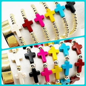 Cruz colorida, Regalos para ella, Jesús, Pulseras cruzadas, Pulsera cruzada con cuentas, Pulsera cruzada de oro, Joyería religiosa, Pulseras cristianas,