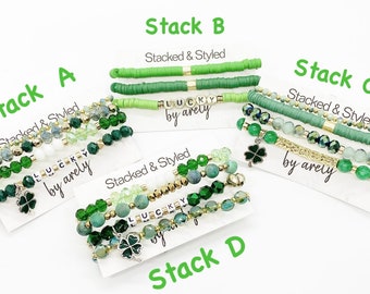 St Patrick's Day Beaded Bracelet Set: Shamrock Irish Jewelry