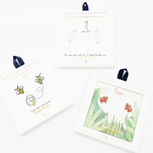 Boxed Sterling Silver Stud Earrings Set: Bee, Tiger, Safety Pin