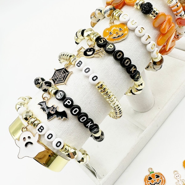 Customized Halloween Bracelets,Adult Kids Bracelets, Beaded Halloween Bracelet, Spooky, Boo, Ghost, Pumpkin, Bat, Spider, Stackable bracelet