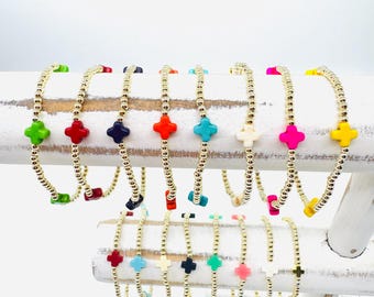 Dainty Cross Beaded Bracelets, Gold Plated Stretch Stackable Jewelry