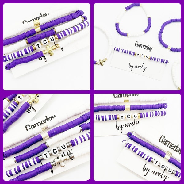 Purple and White Gameday Bracelets, Custom School Bracelets, Horned Frogs, Texas, College Gameday Bracelets, gifts for students, graduation