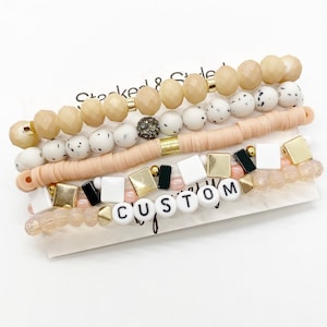 Stacked Bracelets, Bracelet Set of 5, Stone Bracelet, Heishi Bead,  Stackable Jewelry, Beaded Bracelets, Custom Name Bracelets, Neutrals