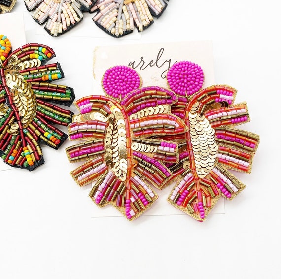 Palm Leaf Sequin Beaded Earrings Pink Earrings Dangle Trendy Seed Beaded Statement Jewelry Seed Bead Earrings Palm Leaf