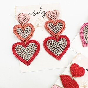 Red Rhinestone Heart Dangle Earrings For Women - Valentine's Day Gift, Festive Holiday Accessories
