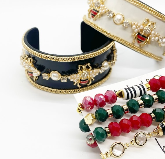 Gold Bee Accent Black Cuff Bracelet with Pearls WHBM Matte Gold Tone Bee Faux Pearl Rhinestone Cuff Bracelet  main image 2