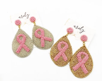 Breast Cancer Ribbon Earrings, Breast Cancer Awareness, Cancer Fighter, Survivor, Breast cancer gifts, Beaded Earrings