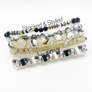 Beaded Bracelet Set, Stackable Bracelets, Beaded Jewelry, Fall Jewelry, Stacked Bracelets, Black and White, Gold bracelet, Gifts for Her