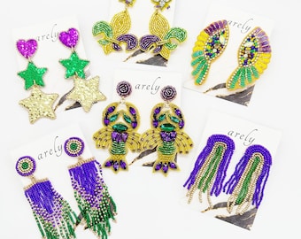 Mardi Gras Jewelry, Mardi Gras Earrings, Fleur De Lis, Cajun, Crawfish, New Orleans, Louisiana, Seed Bead, Beaded Earrings