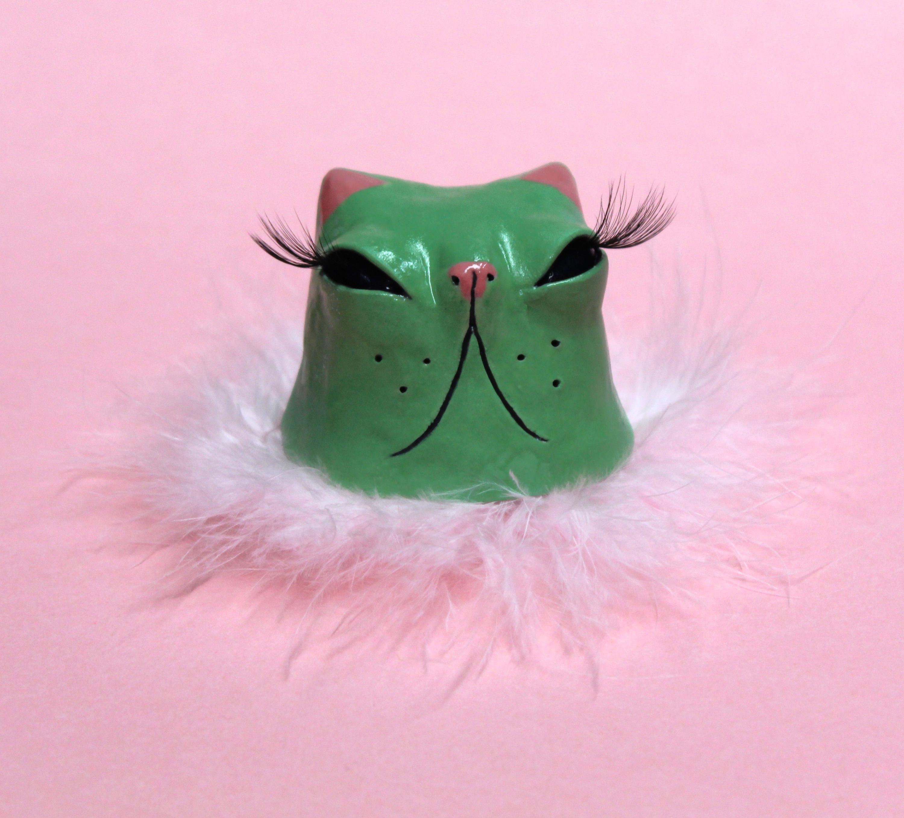 Green Diva Kitty - Handmade Ceramic Cat Sculpture