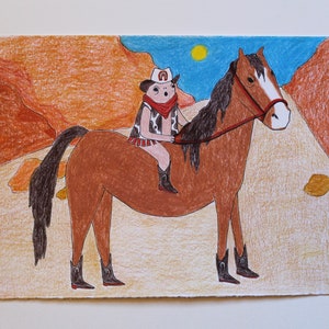 Coloured Pencil Drawing of a Cowboy Creature and their Horse with Boots A5 (ORIGINAL ARTWORK)