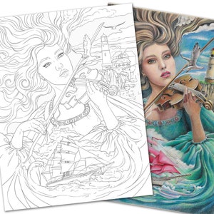 Portrait  a violinist girl in fantasy stile. PDF Coloring page, Printable Coloring page, Adult Coloring page, Digital Download