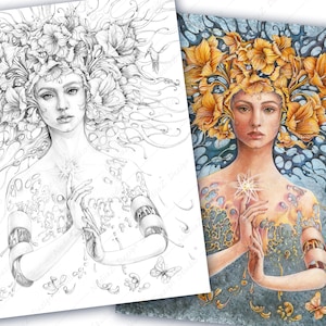 Puede incluir: Un dibujo en blanco y negro de una mujer con flores en el pelo, con una versión coloreada de la imagen en el lado derecho. La mujer tiene las manos juntas frente a su pecho, con una estrella brillante en el centro de su pecho. El fondo es un patrón de líneas y formas en espiral.