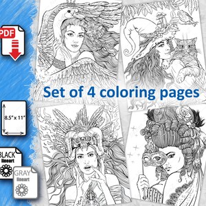 Set #2 von 4 Malvorlagen - Portraits eines Mädchens im Fantasy Stil, PDF, Malseite zum Ausdrucken, Ausmalseite für Erwachsene, digitaler Download