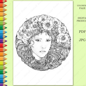 Girl with Flower Wreath Portrait: Adult Coloring Page (PDF)