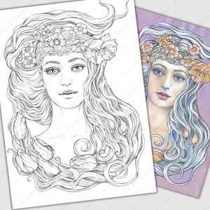 Portrait  of a girl with flowers in hair in pencil drawing style, PDF Coloring page, Adult Coloring page, Digital Download