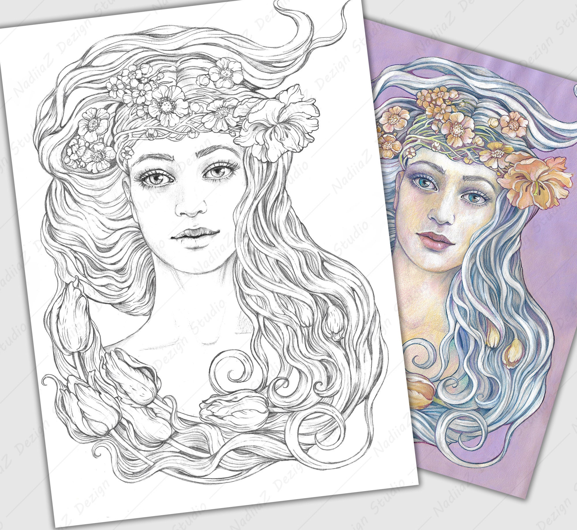 Portrait of a Girl With Flowers in Hair in Pencil Drawing - Etsy Portrait of a Girl With Flowers in Hair in Pencil Drawing - Etsy
