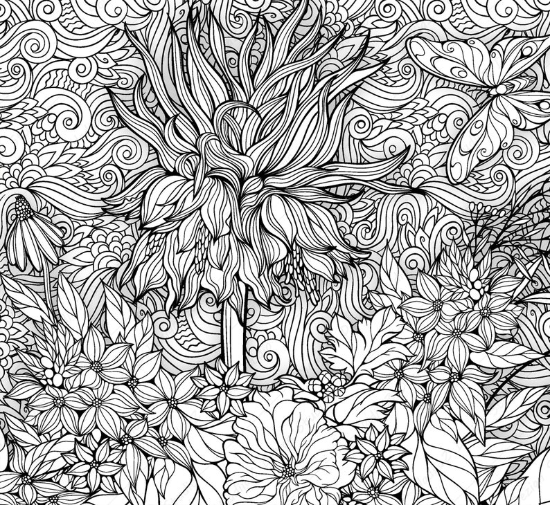 Adult Botanical Coloring Page With Flowers PDF Printable Etsy