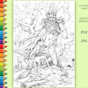 Adult Coloring page of grayscale of Forest Spirit with wolf in the woods.  PDF, Printable, Digital Download.