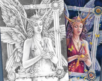 Grayscale Goddess Coloring Page – Nyx with Hourglass and Third Eye – Hand Drawn Fantasy Art