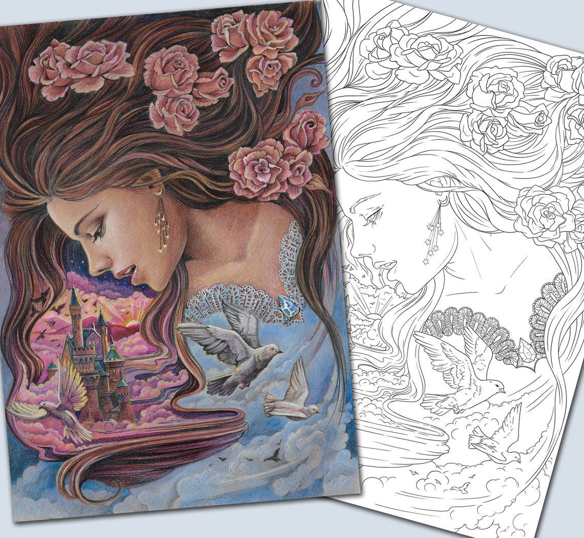 Fantasy Coloring Page With Portrait of Girl in Dreams. PDF | Etsy