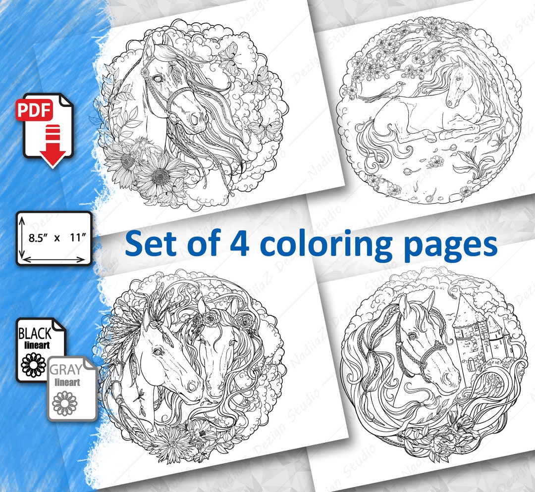 Set#2 of 4 Coloring Pages - Horses in Fantasy Style, PDF, Printable ...