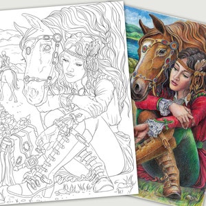 Adult Coloring page of portrait of a wandering girl with a horse. PDF, Printable, Digital Download