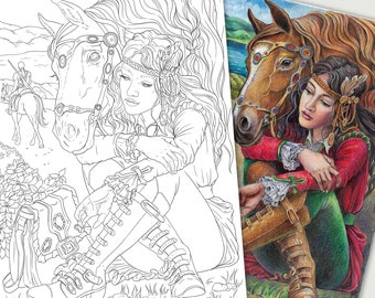 Girl and Horse Portrait,  Romantic Love Story Art, Coloring Page (PDF, Digital Download)