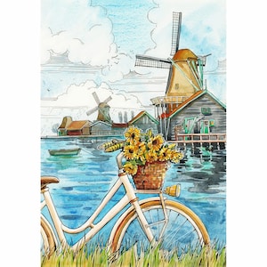 Aquarelle de Zaanse Schans : bicyclette blanche avec tournesols