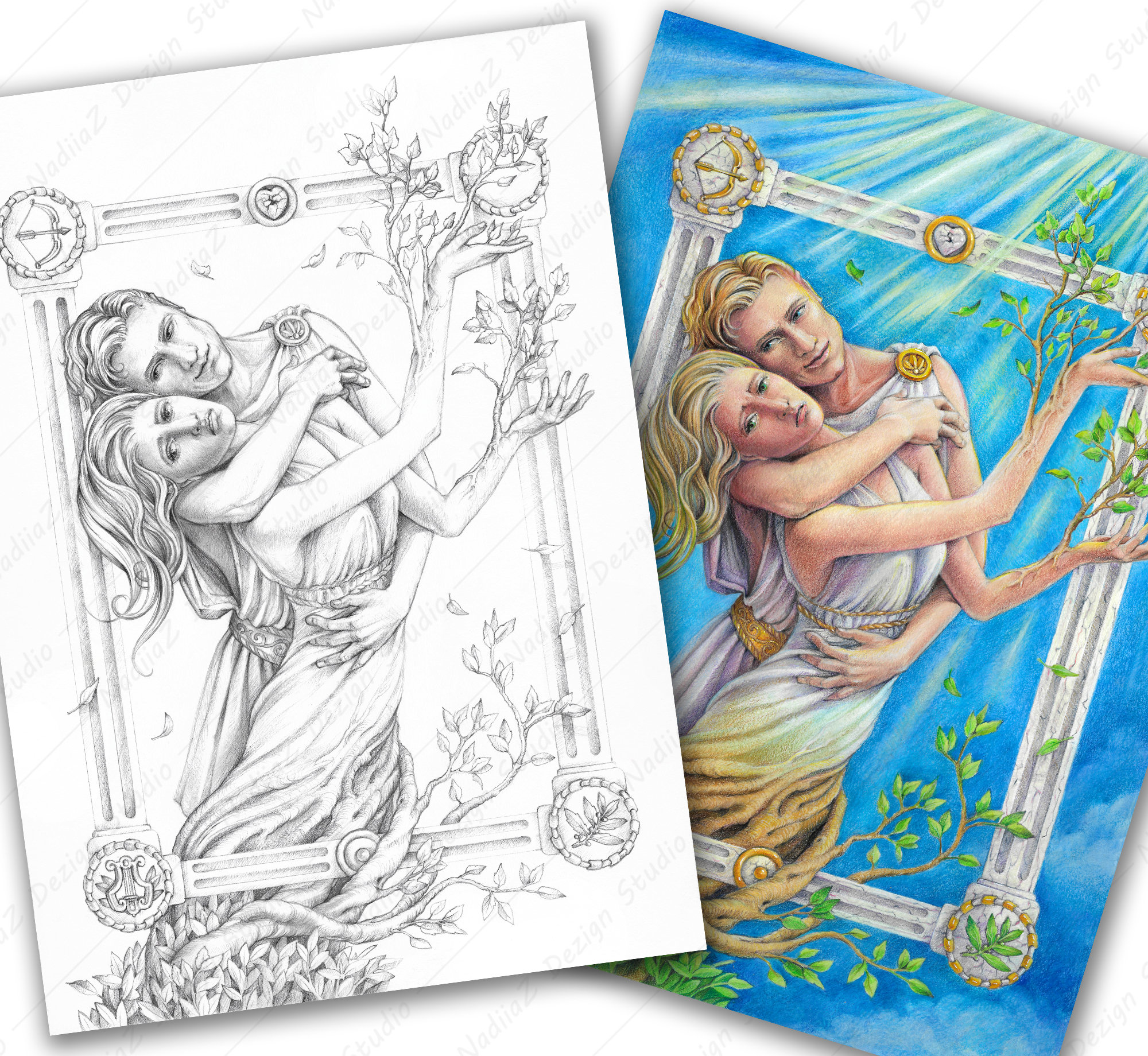 Adult Grayscale Coloring Page of Apollo and Daphne, PDF, Printable ...