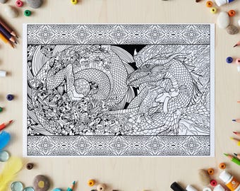 Página para colorear de un dragón con juguetes: Arte fantástico (Descarga digital)