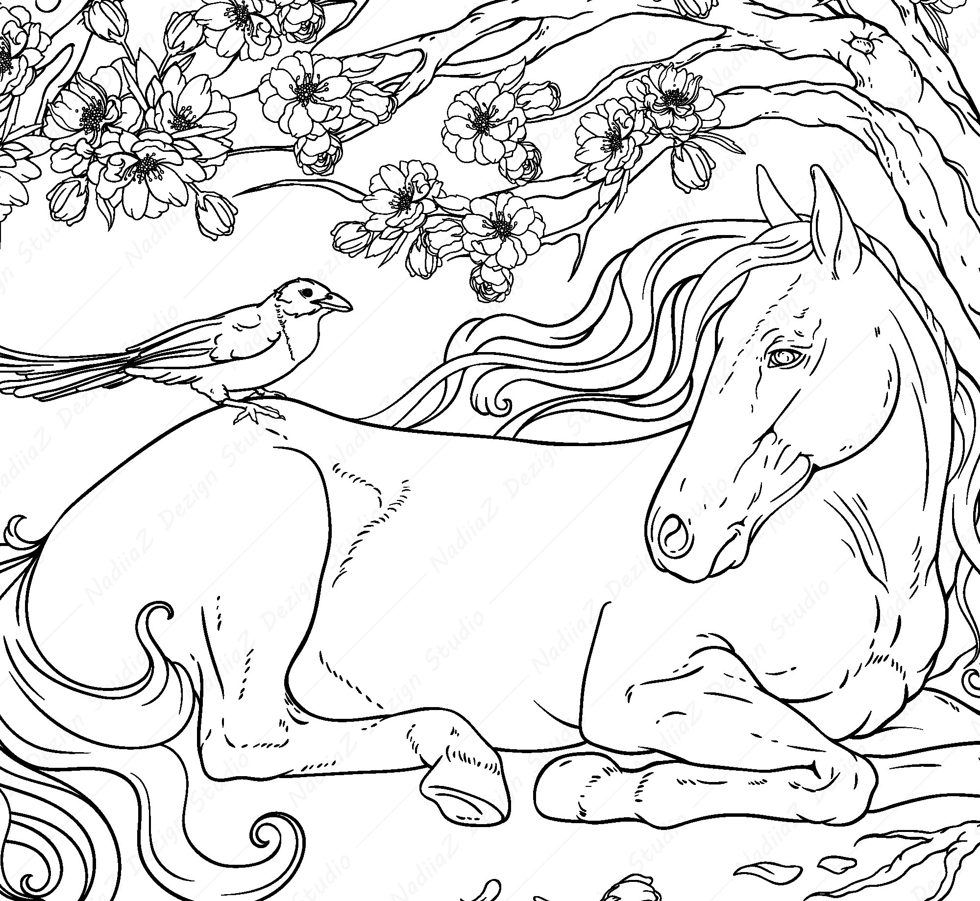 Adult Coloring Page of Horse Resting Beneath a Tree. PDF - Etsy