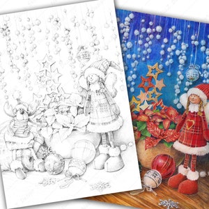 Página para colorear en escala de grises de Navidad con ángel y ciervo, Página para colorear para adultos, PDF, Página para colorear imprimible, Descarga digital