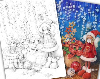 Christmas Angel & Deer Grayscale Coloring Page (PDF) for Adults and Kids