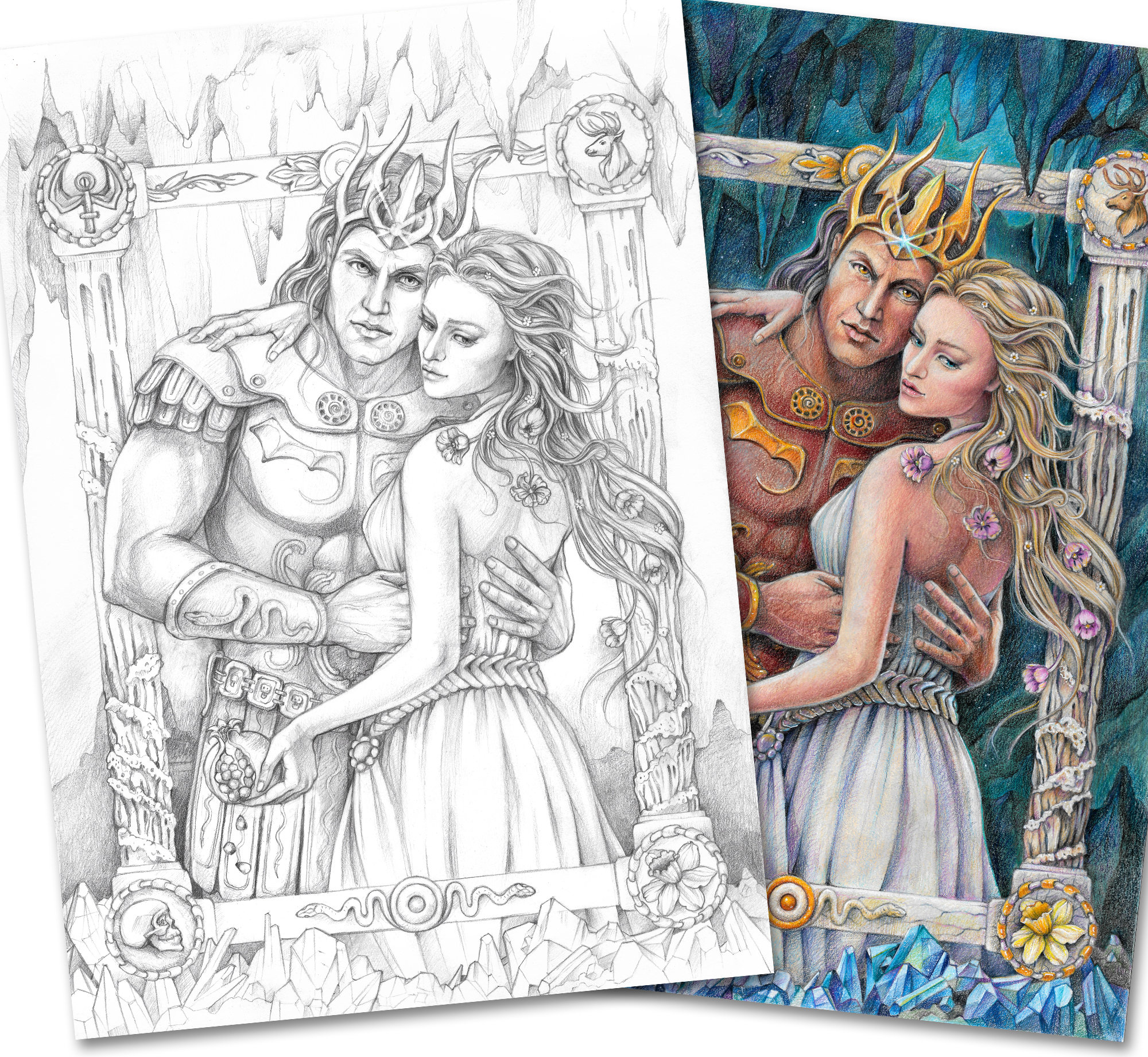 Adult Coloring Page of Grayscale Hades and Persephone. PDF