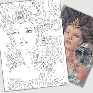 May include: A black and white line art illustration of a woman with long flowing hair, wearing a crown and a necklace of pearls. She is surrounded by crystals and a raven sits on her shoulder.