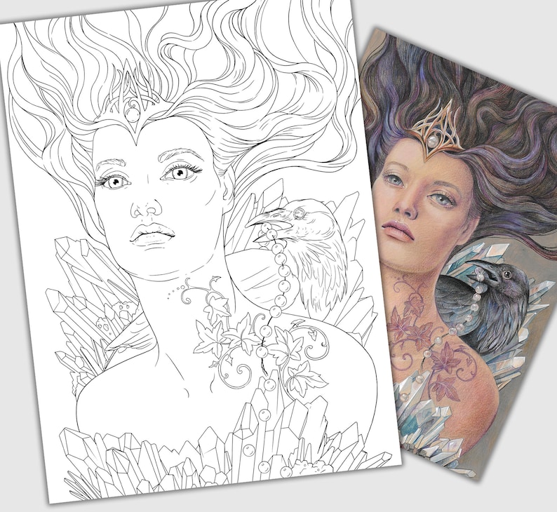 May include: A black and white line art illustration of a woman with long flowing hair, wearing a crown and a necklace of pearls. She is surrounded by crystals and a raven sits on her shoulder.