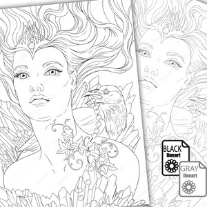 May include: A black and white line art illustration of a woman with long flowing hair, a crown, and a raven perched on her shoulder. She is surrounded by crystals and vines.