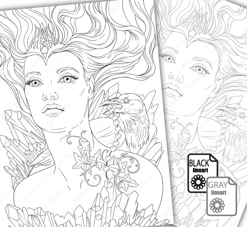May include: A black and white line art illustration of a woman with long flowing hair, a crown, and a raven perched on her shoulder. She is surrounded by crystals and vines.