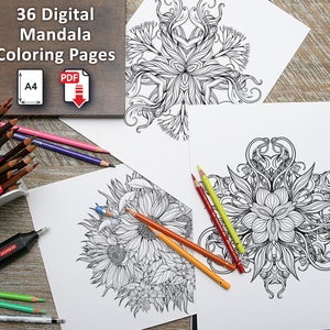 36 Mandala Coloring Pages,  Adult Digital Coloring Book in PDF, Printable, Simple and Complex Mandala Designs To Be Filled In With Color