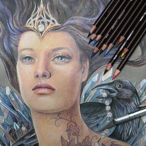 May include: A detailed pencil drawing of a woman with long, dark hair wearing a gold crown with a large gemstone. She is surrounded by crystals and a raven holding a string of pearls in its beak.