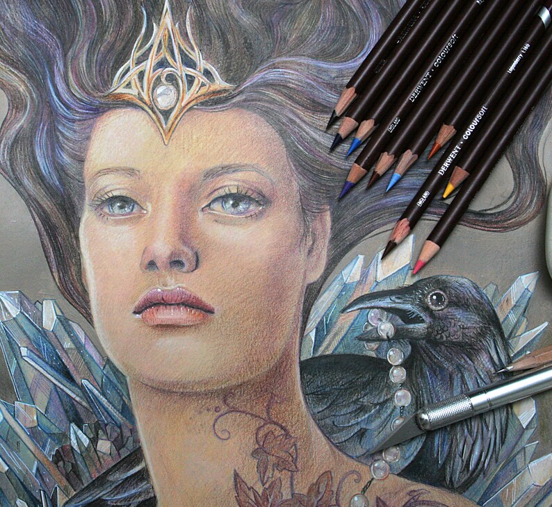 May include: A detailed pencil drawing of a woman with long, dark hair wearing a gold crown with a large gemstone. She is surrounded by crystals and a raven holding a string of pearls in its beak.