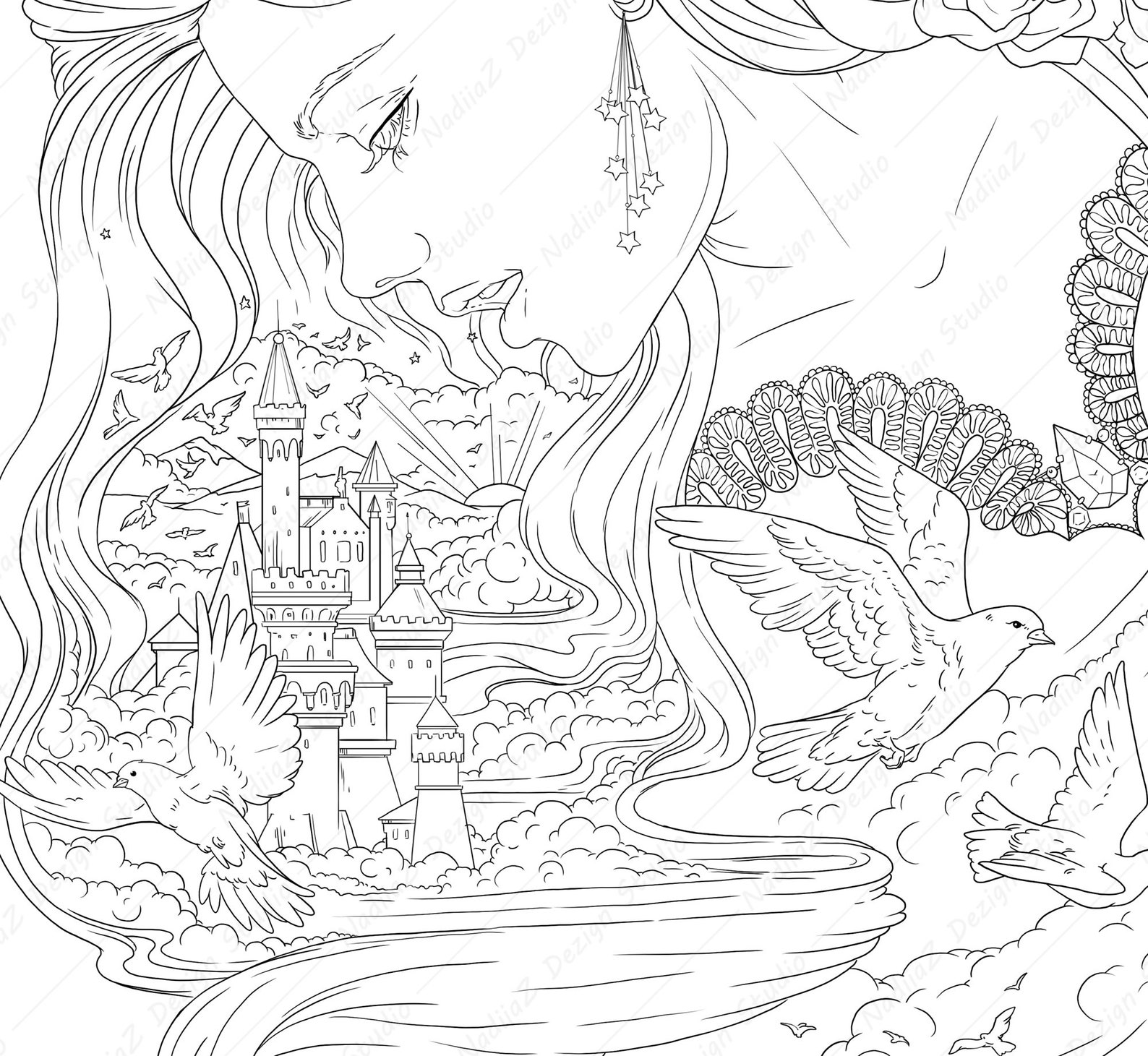 Fantasy Coloring Page With Portrait of Girl in Dreams. PDF | Etsy