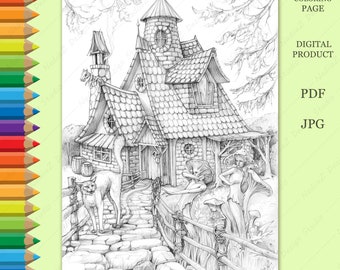 Adult Coloring page of grayscale witch's house with magical creatures on the  edge of town. PDF, Printable, Digital Download.