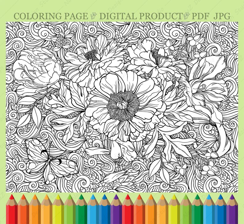Adult Botanical Coloring Page With Summer Flowers PDF Etsy
