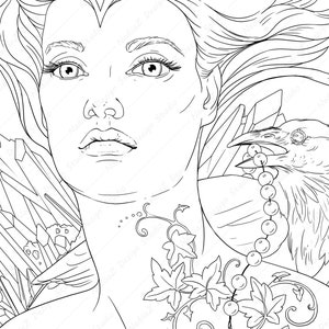 May include: A black and white line drawing of a woman with long flowing hair, a raven perched on her shoulder, and a vine with leaves and berries wrapping around her neck.