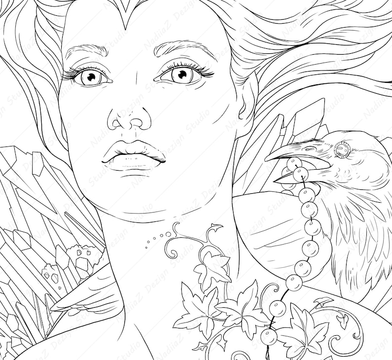 May include: A black and white line drawing of a woman with long flowing hair, a raven perched on her shoulder, and a vine with leaves and berries wrapping around her neck.