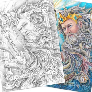 Adult Coloring page of grayscale portrait of Poseidon. PDF, Printable, Digital Download.