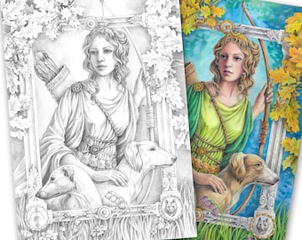 Adult Coloring page of grayscale portrait of goddess Artemis with dogs. PDF, Printable, Digital Download.