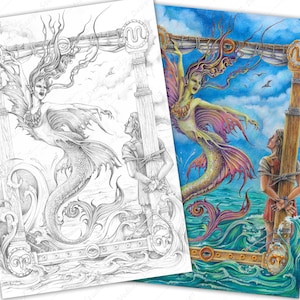 Adult Coloring page of grayscale Sirene and Jason. PDF, Printable, Digital Download.
